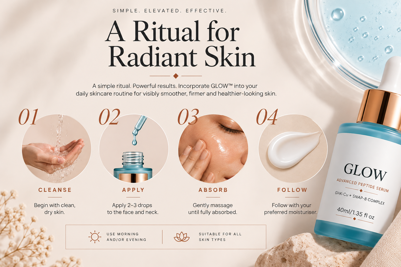How to use GLOW Advanced Peptide Serum morning and night